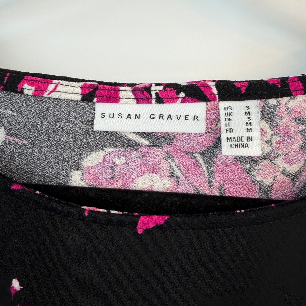 Susan Graver Black Pink Floral Liquid Knit Peplum Back Tunic Top Small Feminine - Picture 4 of 10